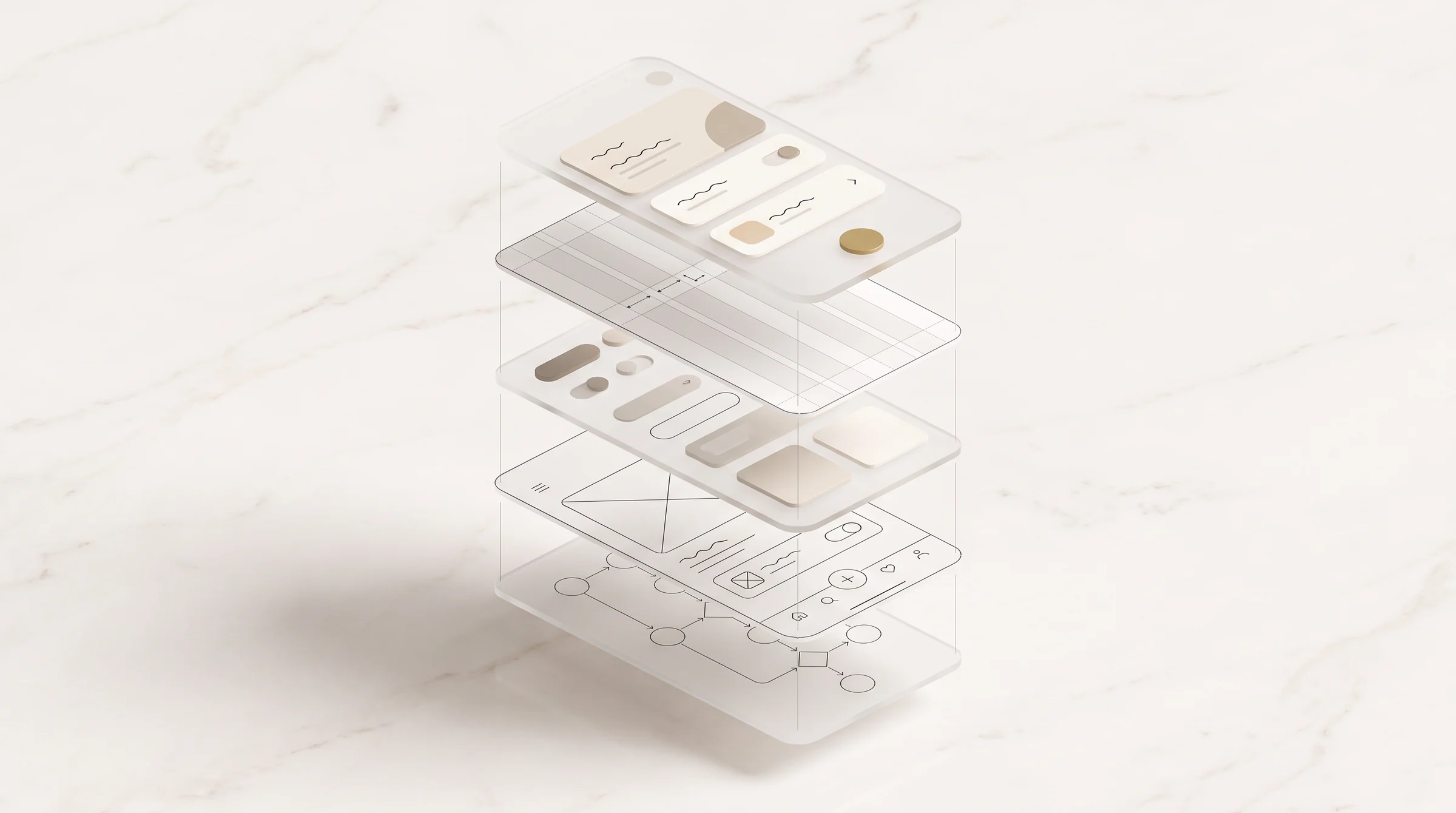An interface pulled apart into its layers, floating over pale marble. The finished screen on top, then the layout grid, the components, the wireframe, and the user flow at the bottom.