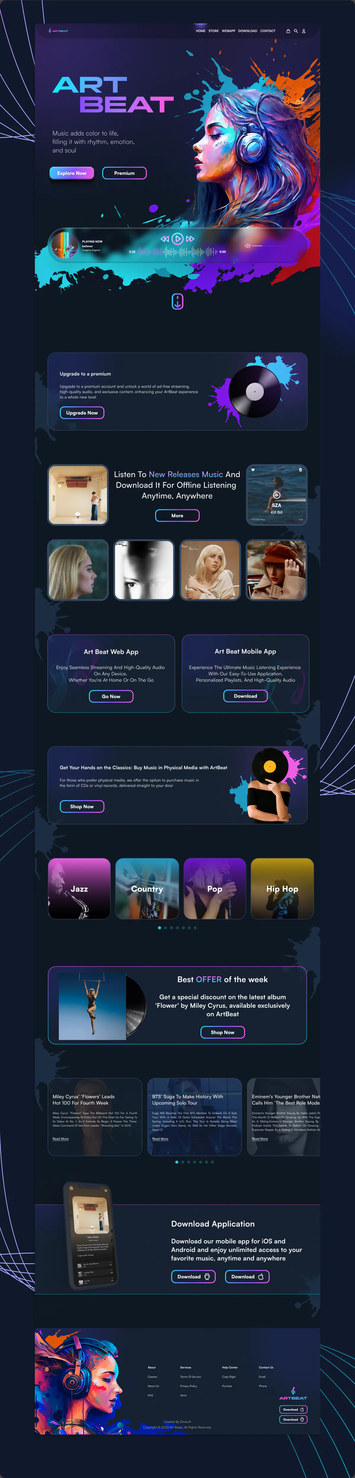 Art Beat website design concept, presentation board 1 of 1: music streaming where every genre gets its own burst of colour.