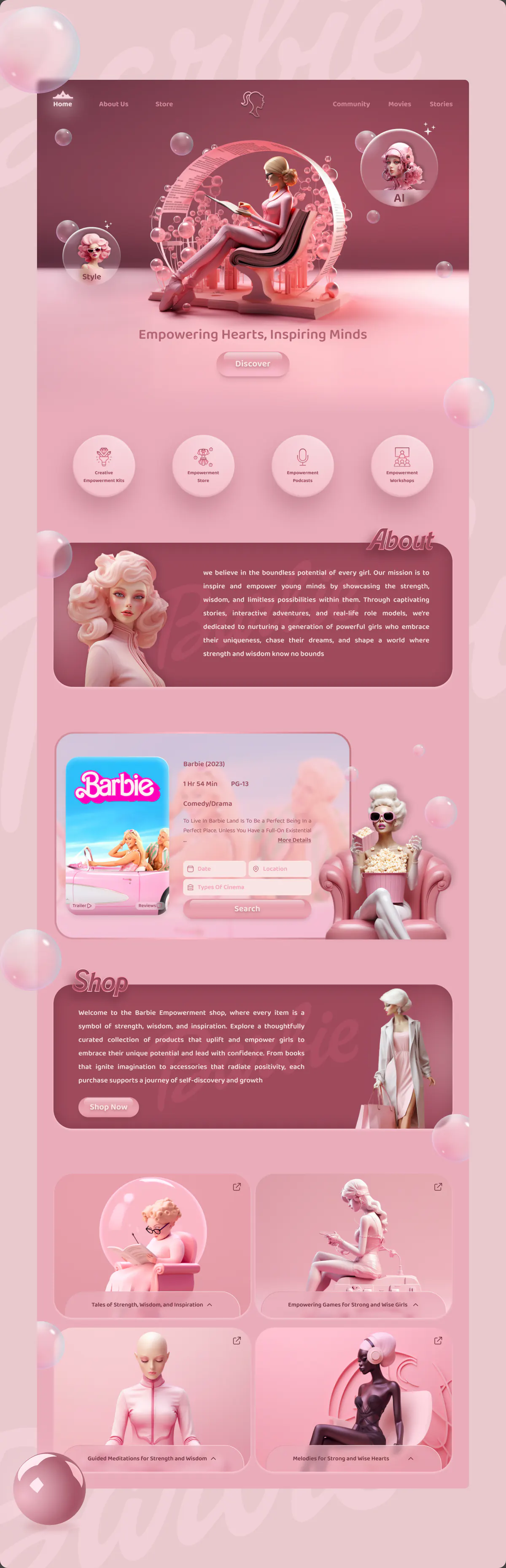 Barbie Empower website design concept, presentation board 1 of 2: an icon turned into an invitation: empowering hearts, inspiring minds.
