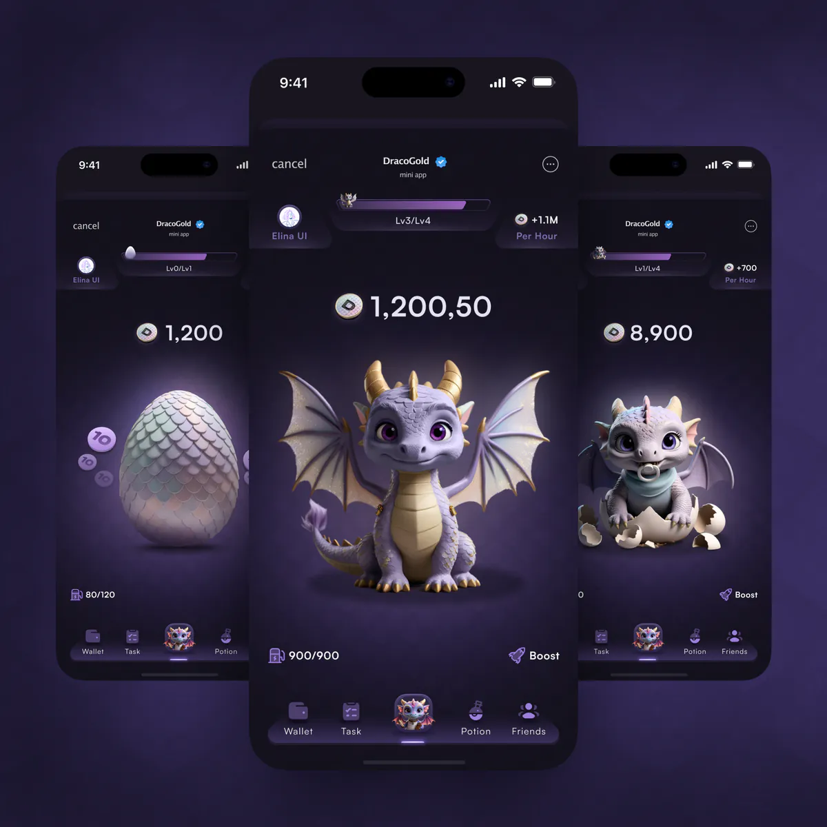 DracoGold mini app design concept, presentation board 1 of 8: a Telegram airdrop mini app: tap, earn, and watch a dragon hatch from its egg.