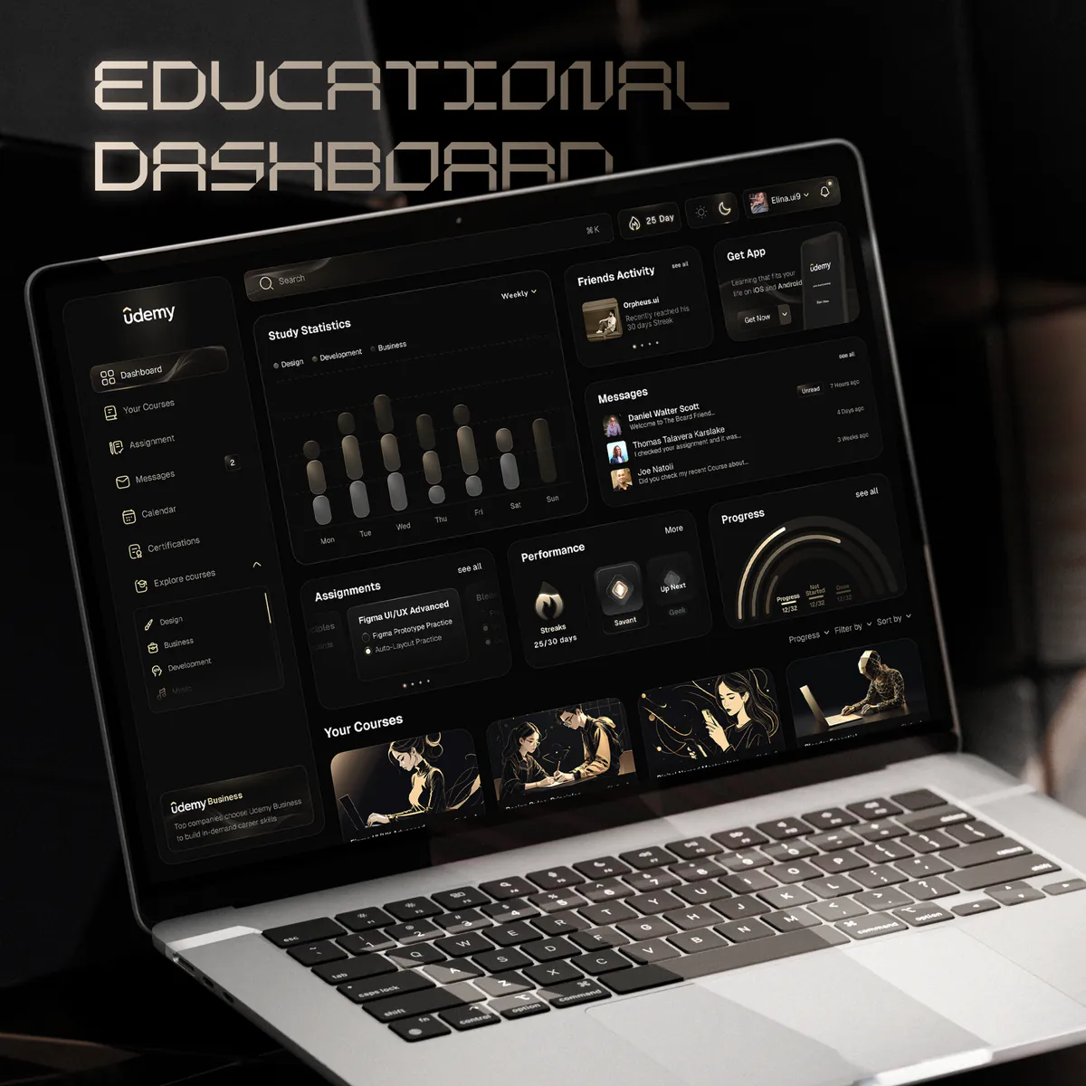Educational Dashboard dashboard design concept, presentation board 1 of 6: a learning dashboard in dark and light, with your progress kept in quiet gold.
