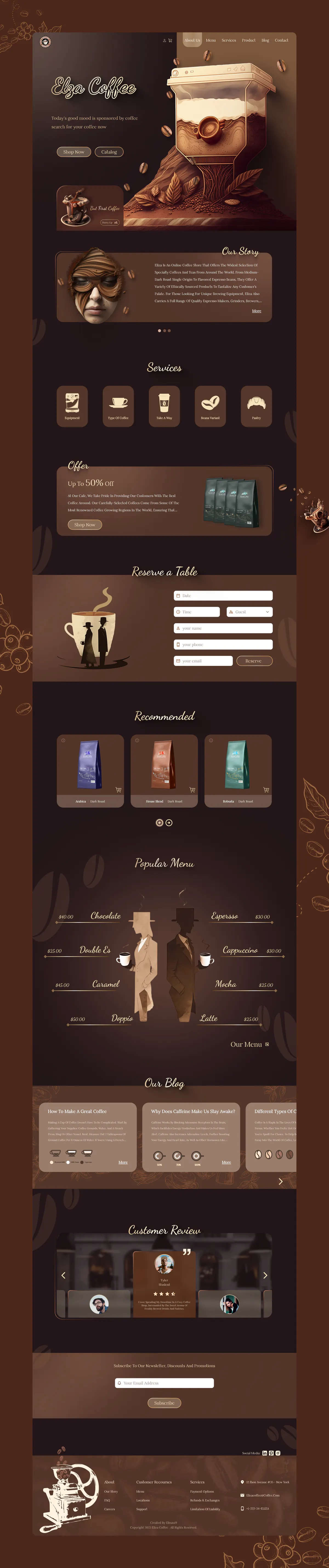 Elza Coffee website design concept, presentation board 1 of 1: a coffee house site as warm as the first cup of the day.