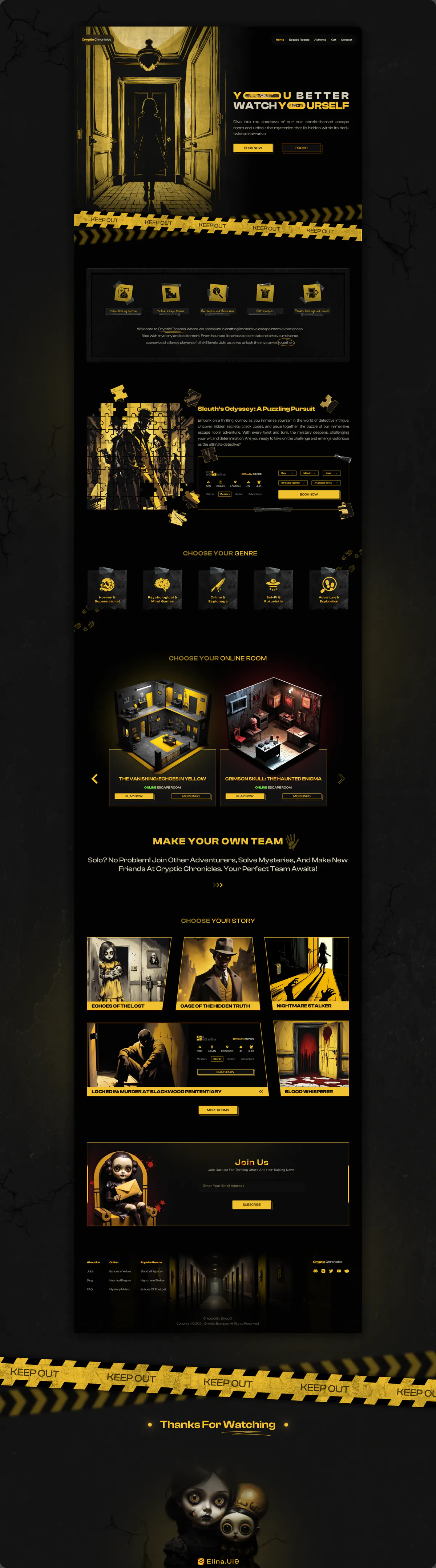 Escape Room landing page design concept, presentation board 1 of 1: a landing page that feels like the first room of the game.