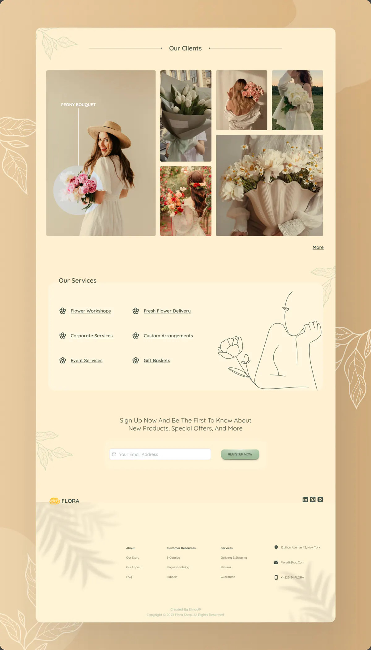 Flora website design concept, presentation board 1 of 1: a flower shop in soft cream and hand-drawn lines.