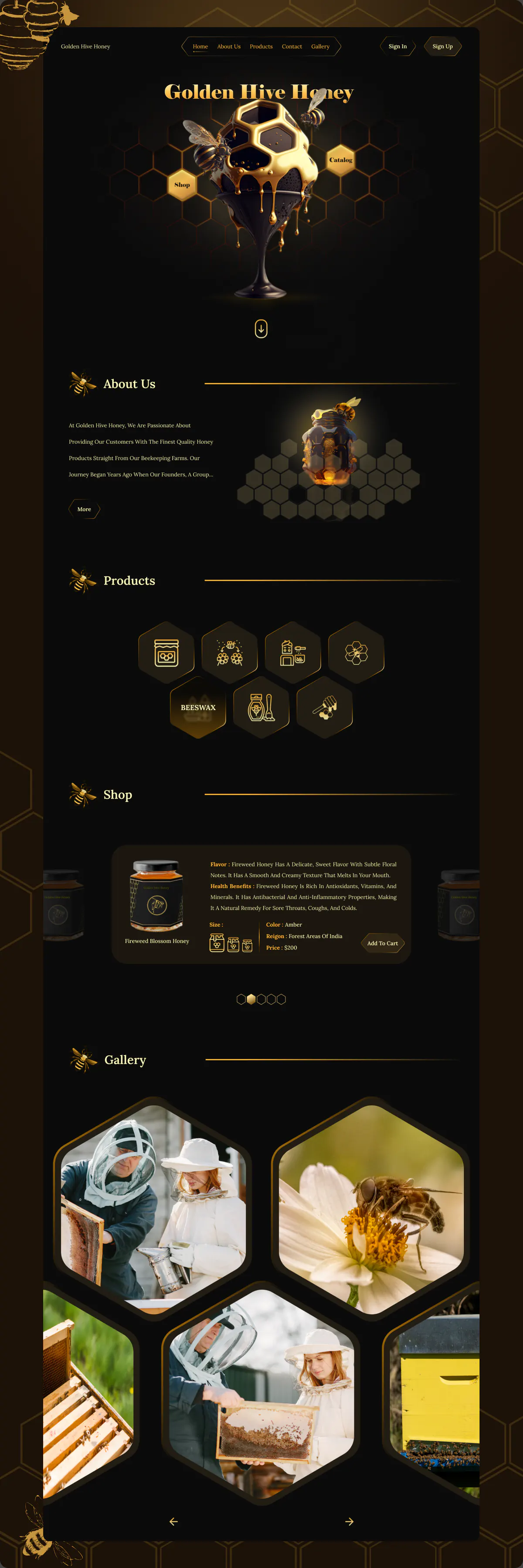 Golden Hive Honey website design concept, presentation board 1 of 2: dark gold and honeycomb for a premium honey brand.