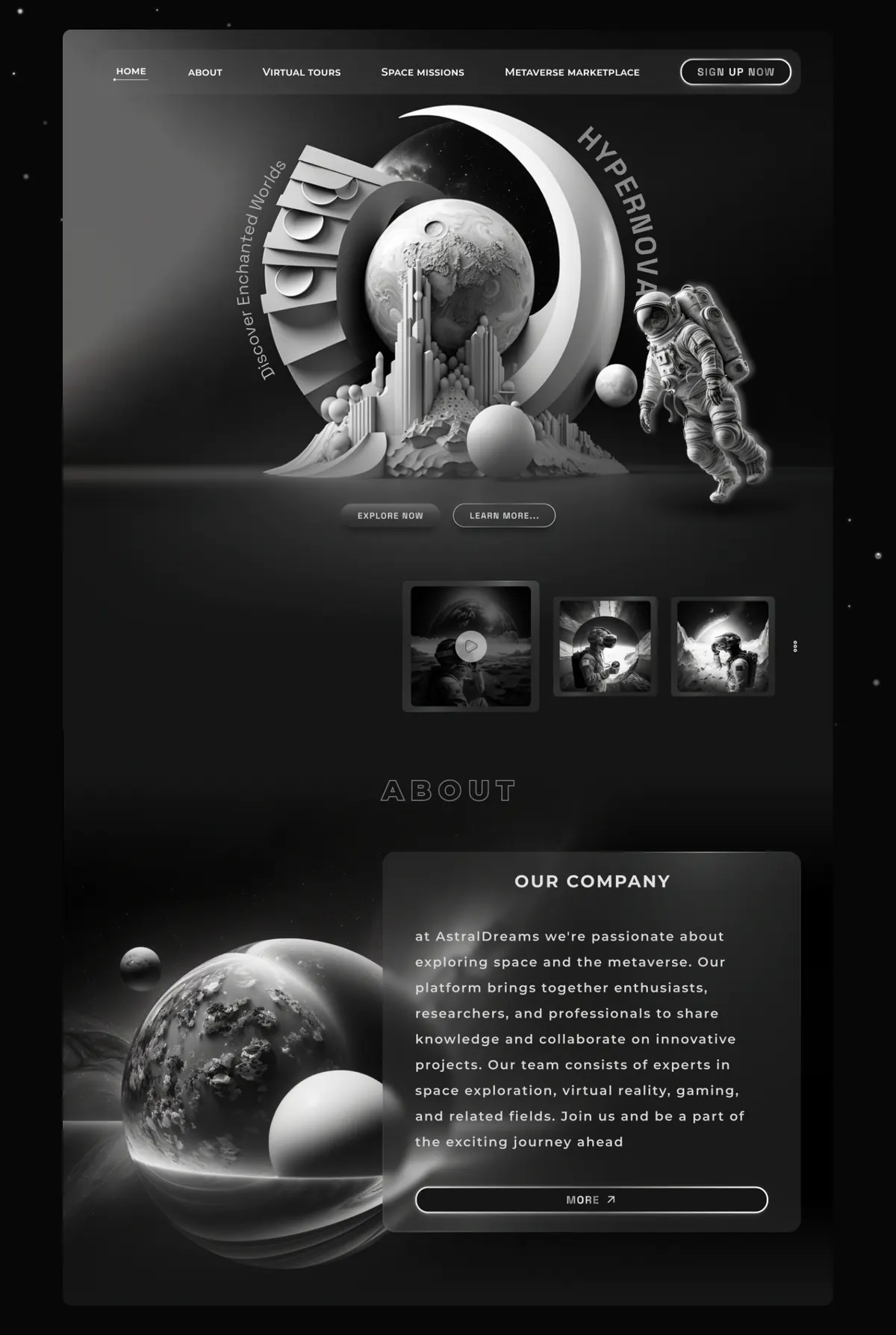 Hypernova website design concept, presentation board 1 of 4: space missions and virtual tours in a black-and-white metaverse.
