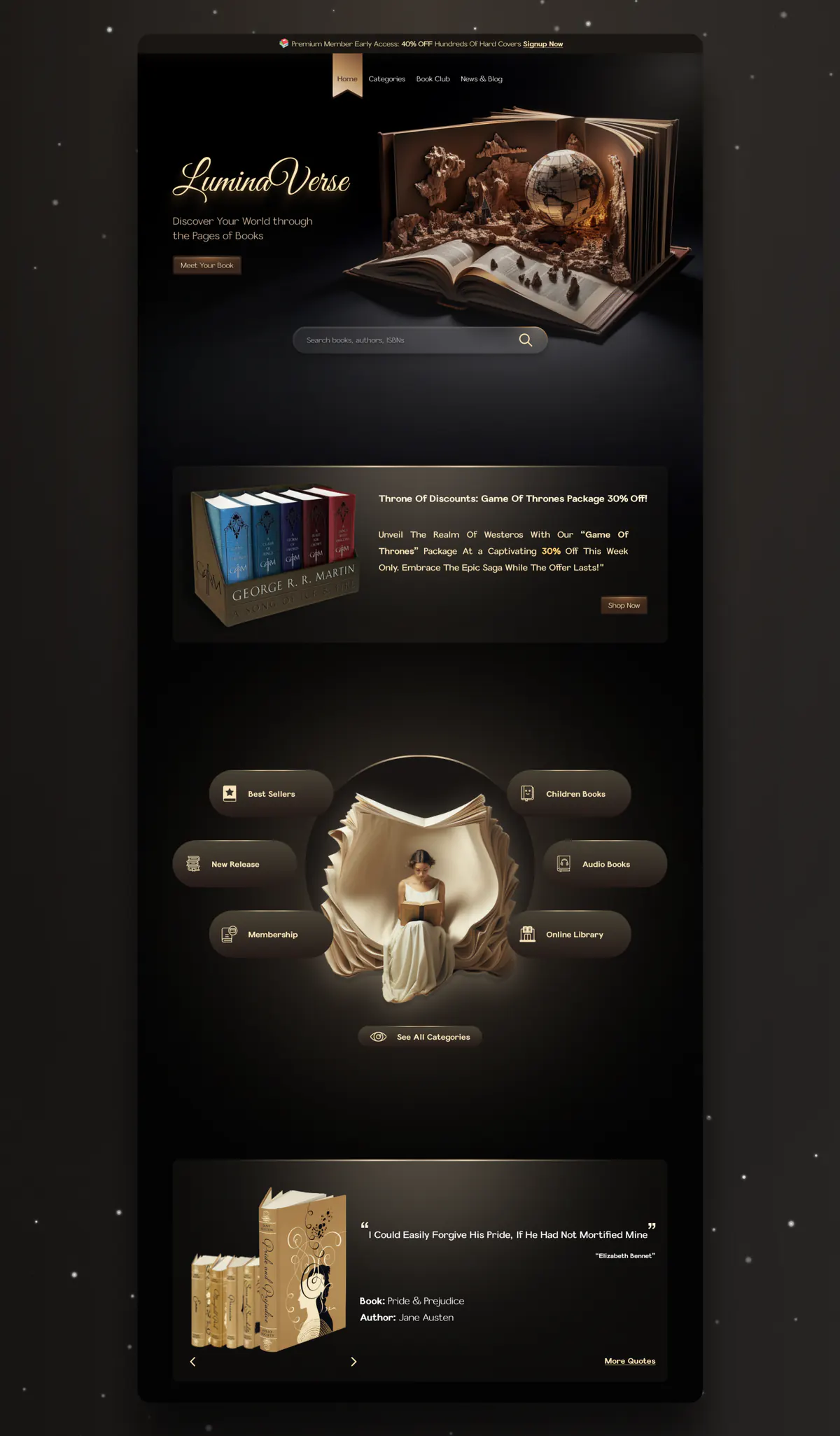 Lumin Verse website design concept, presentation board 1 of 4: an online bookstore where every book opens a world, in light and dark.