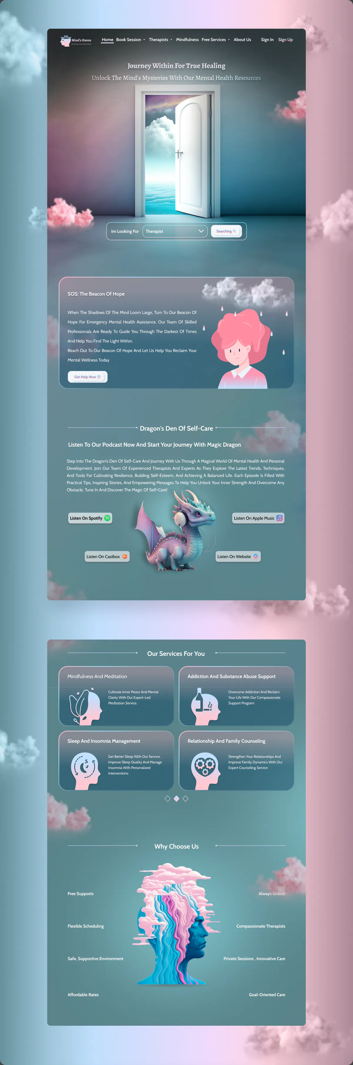 Mind's Haven website design concept, presentation board 1 of 2: mental health support that opens like a door to calm.