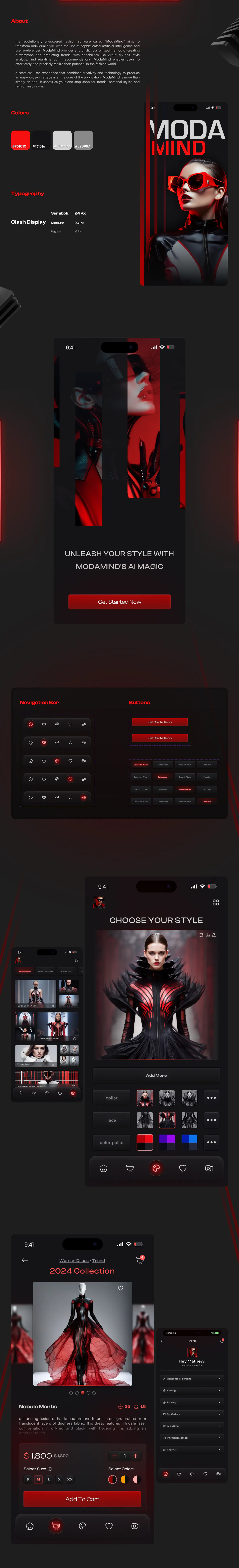 Moda Mind app design concept, presentation board 1 of 2: a fashion app where AI styles the look you are imagining.
