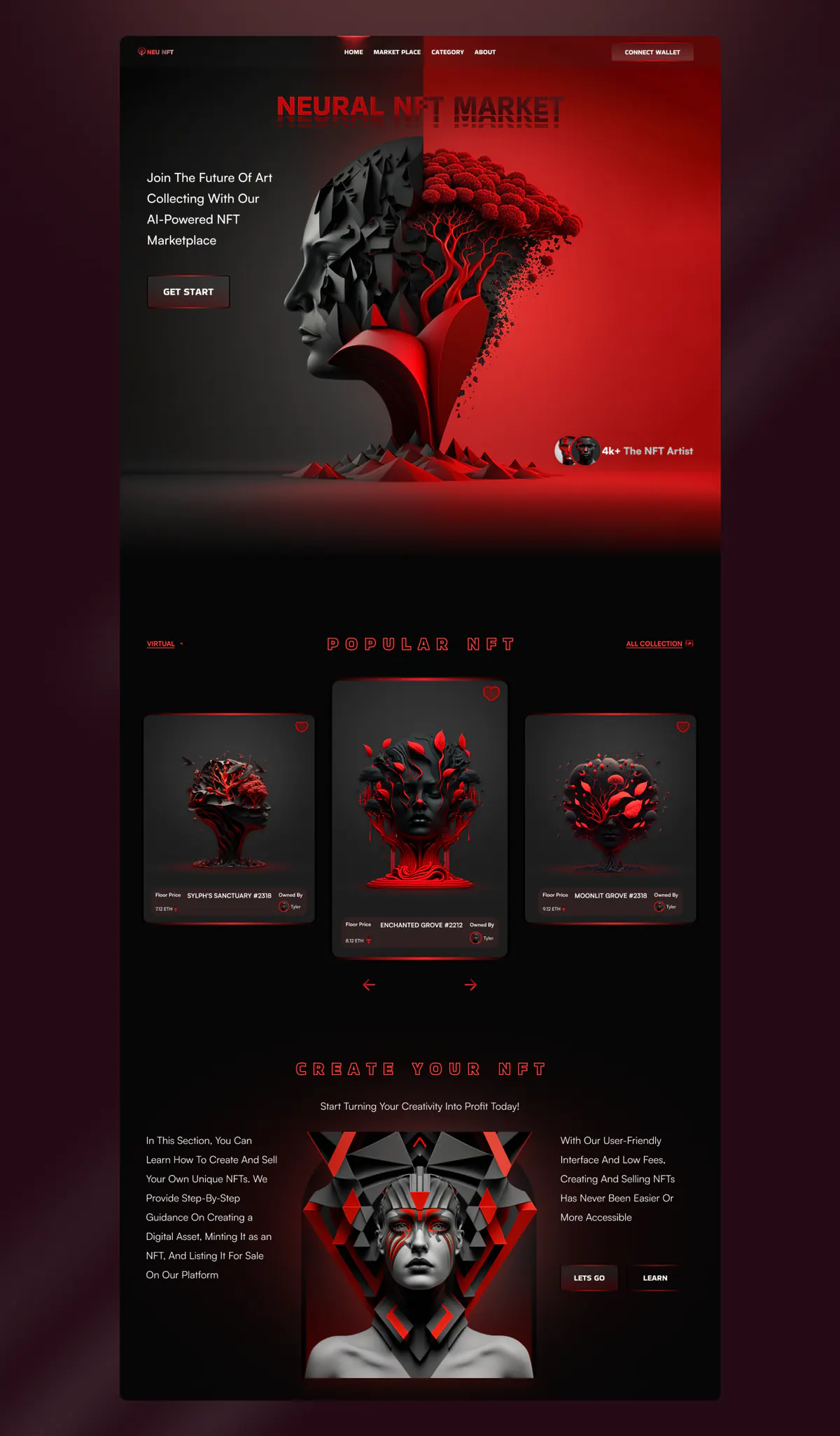 Neural NFT Market website design concept, presentation board 1 of 3: an AI-powered art marketplace in red and black.