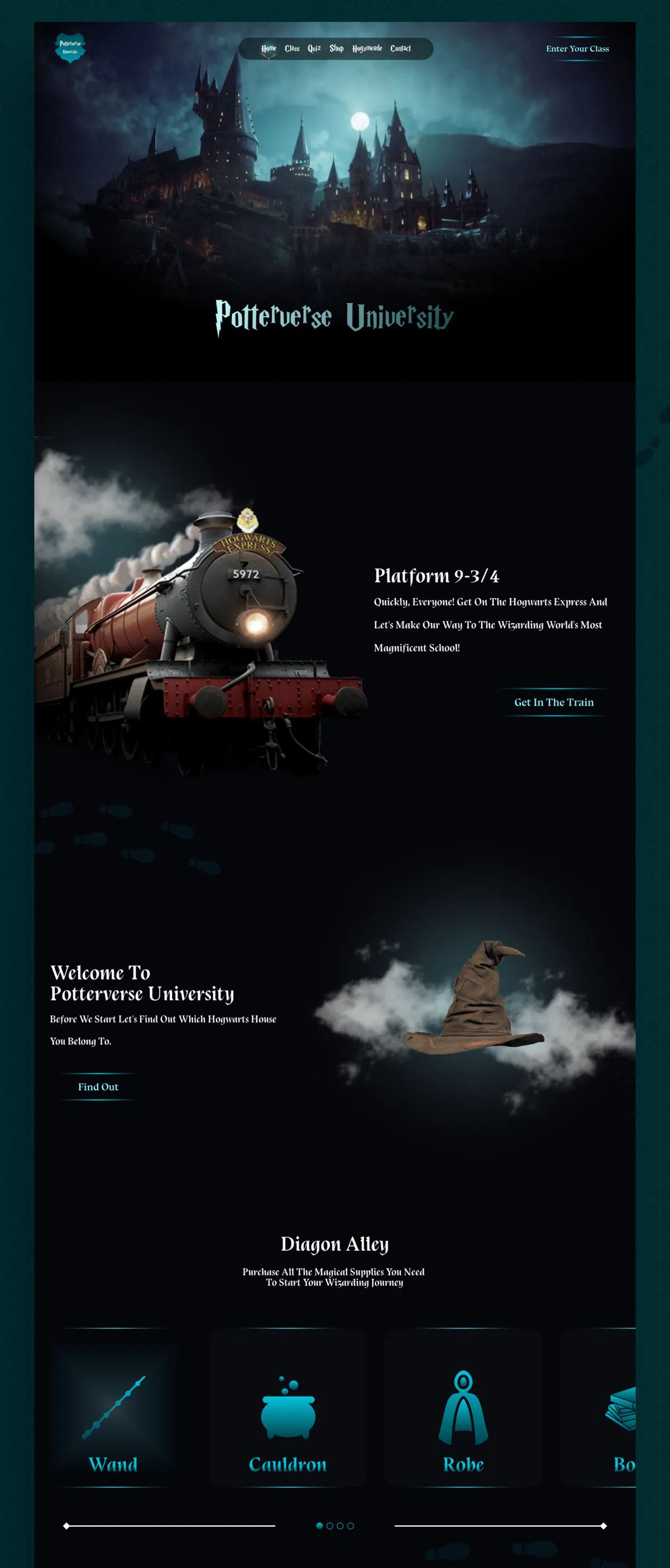 Potterverse University website design concept, presentation board 1 of 3: a fan concept: the school of wizardry as an online university.