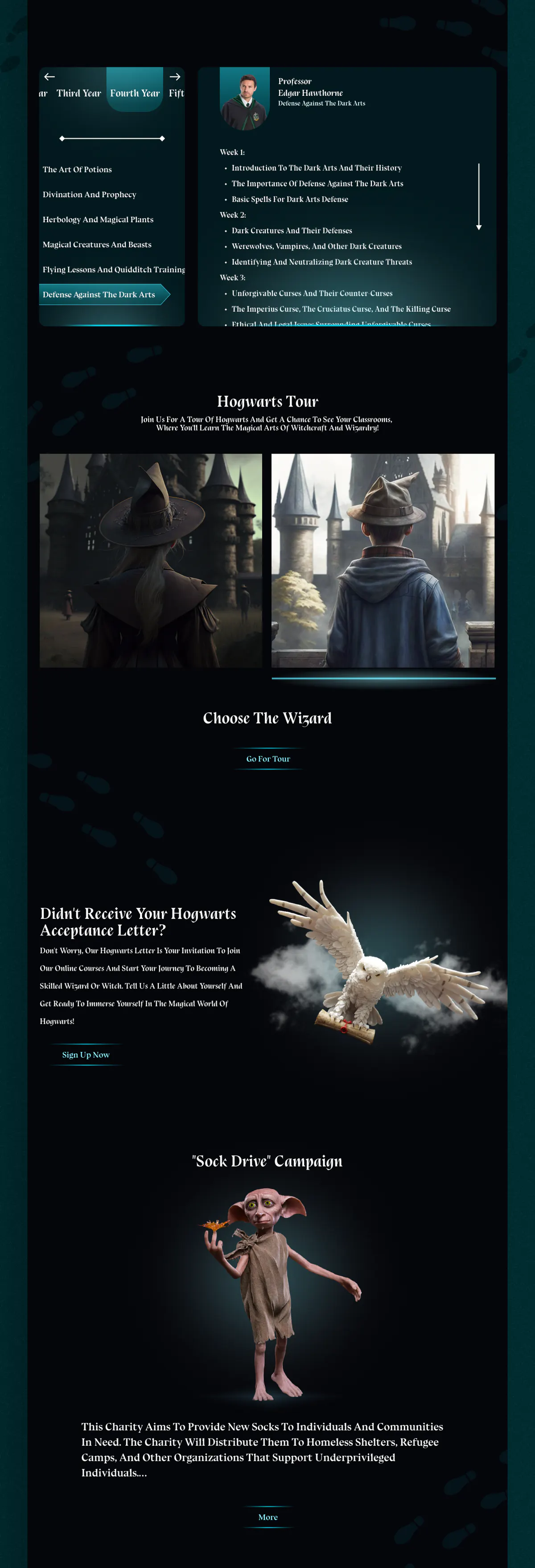 Potterverse University website design concept, presentation board 2 of 3