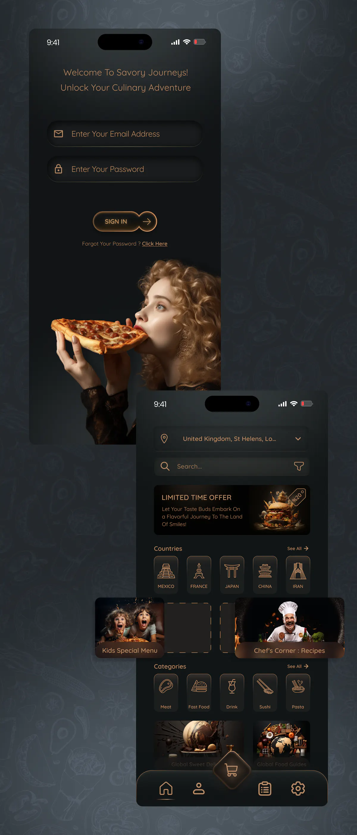 Savory Journeys app design concept, presentation board 1 of 2: food delivery for a world of tastes, served in the dark.
