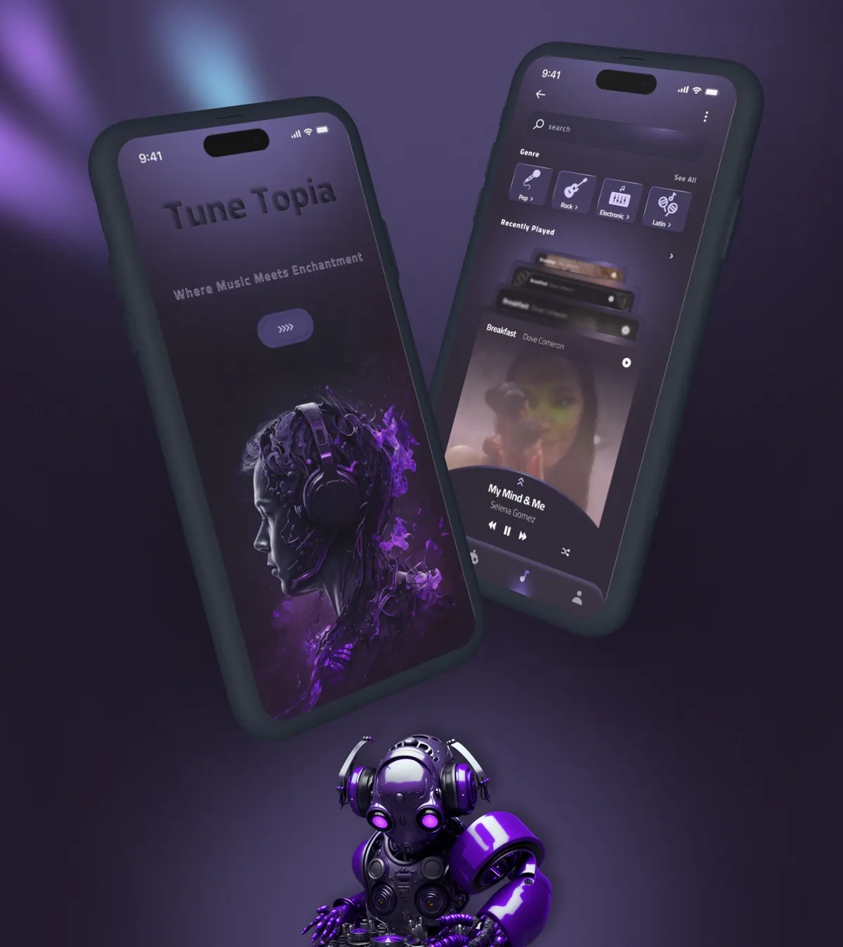 Tune Topia app design concept, presentation board 1 of 3: a music app wrapped in deep violet glass.