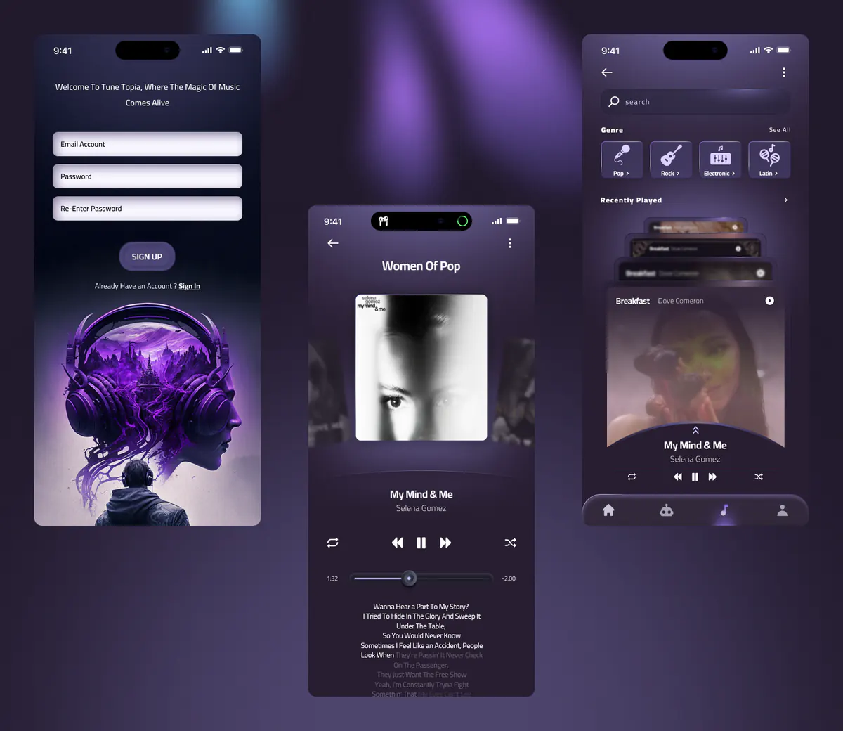 Tune Topia app design concept, presentation board 2 of 3