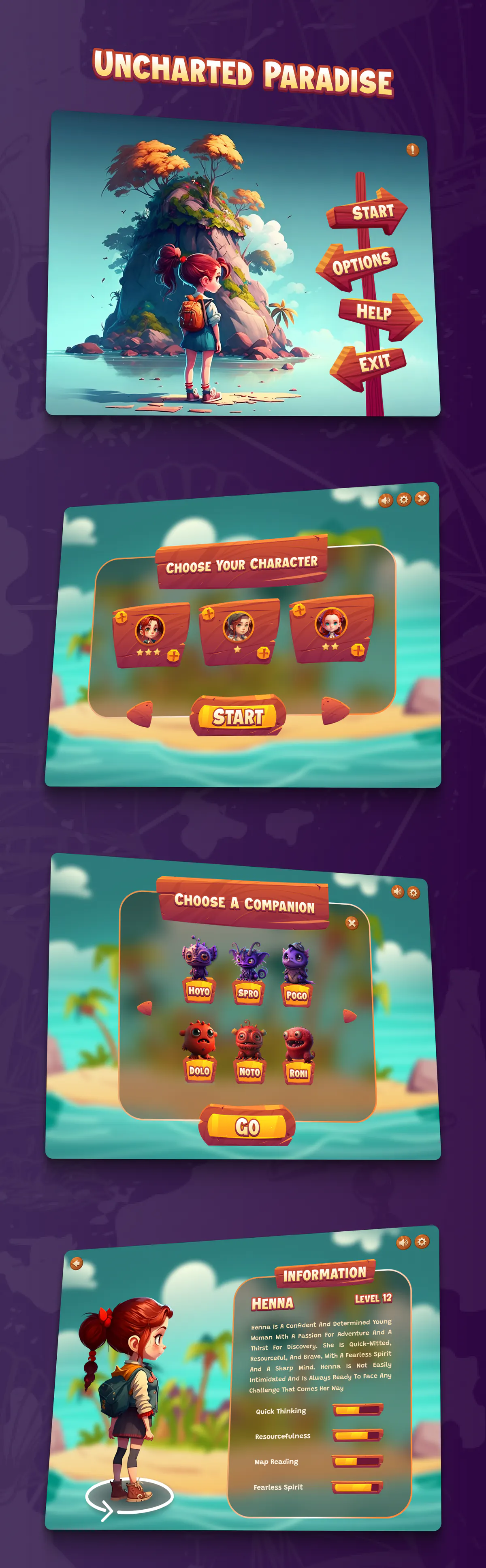 Uncharted Paradise game ui design concept, presentation board 1 of 2: menus, characters and inventory for an island adventure.