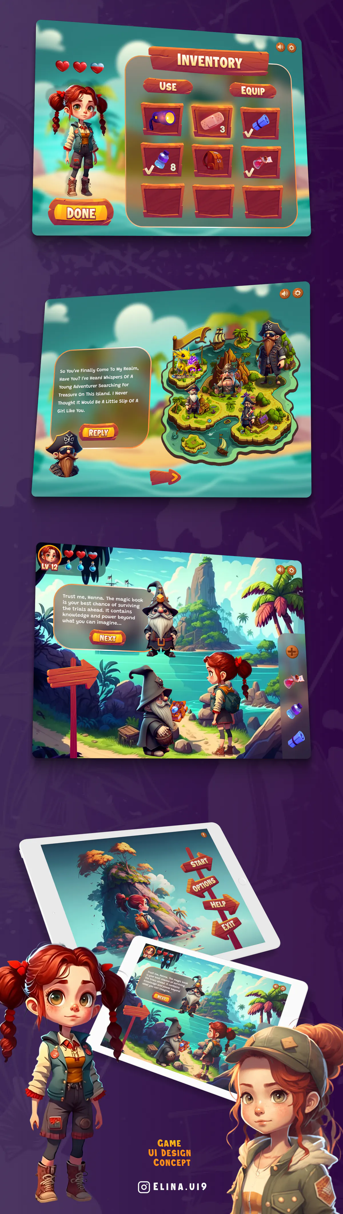 Uncharted Paradise game ui design concept, presentation board 2 of 2