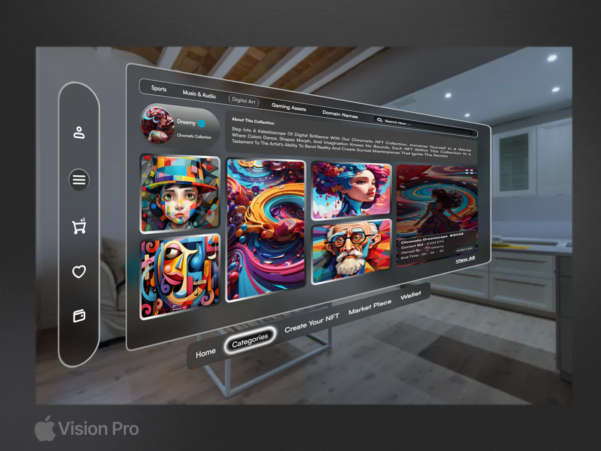 Spatial Gallery spatial design concept, presentation board 1 of 2: an art gallery for Apple Vision Pro, floating in your room.